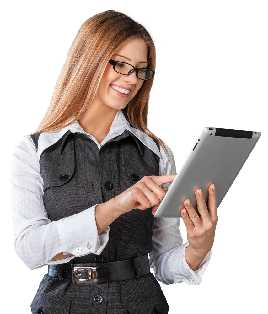 a smiling woman using her index finger to point at a tablet.